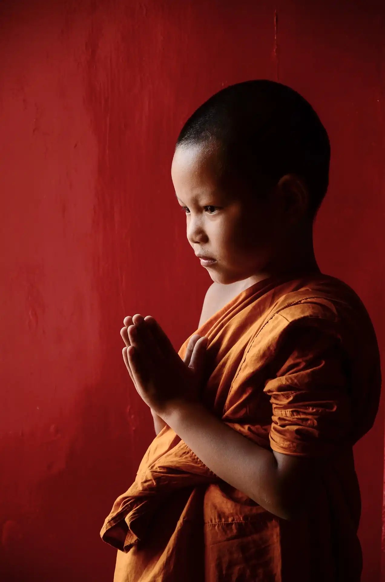 Jeune moine bouddhiste en robes orange les mains jointes en prière.